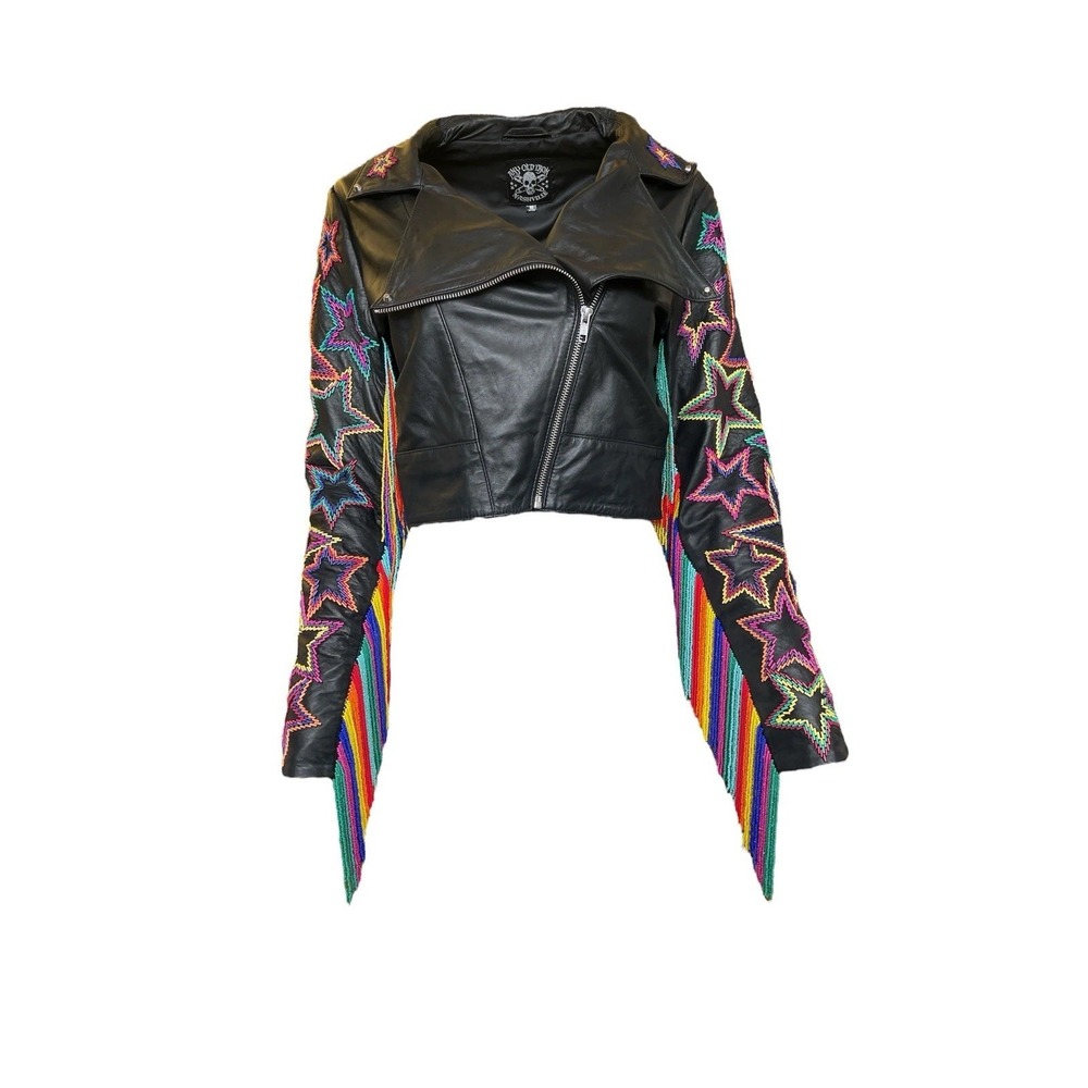 Free People Black Leather Moto Jacket Rainbow Beaded Stars Fringe Cropped Jacket